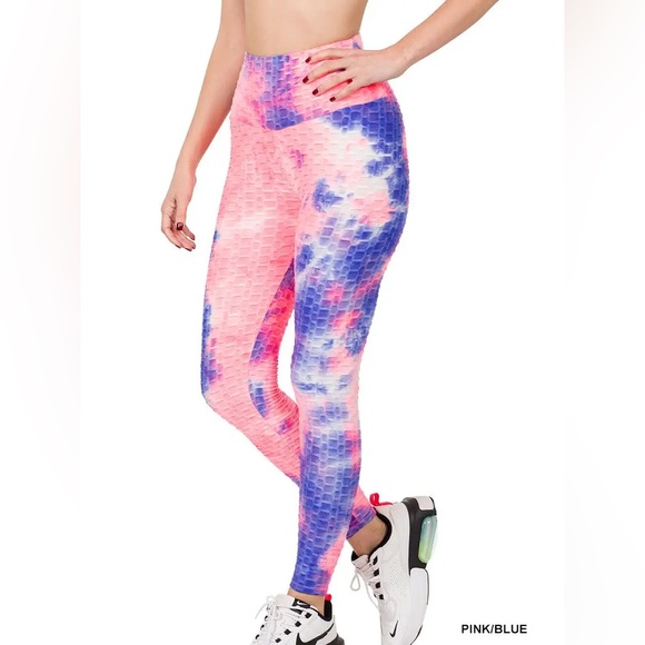 $13 LARGE Pink and Blue Tie Dye Honeycomb High Waisted Leggings - Picture 1 of 2
